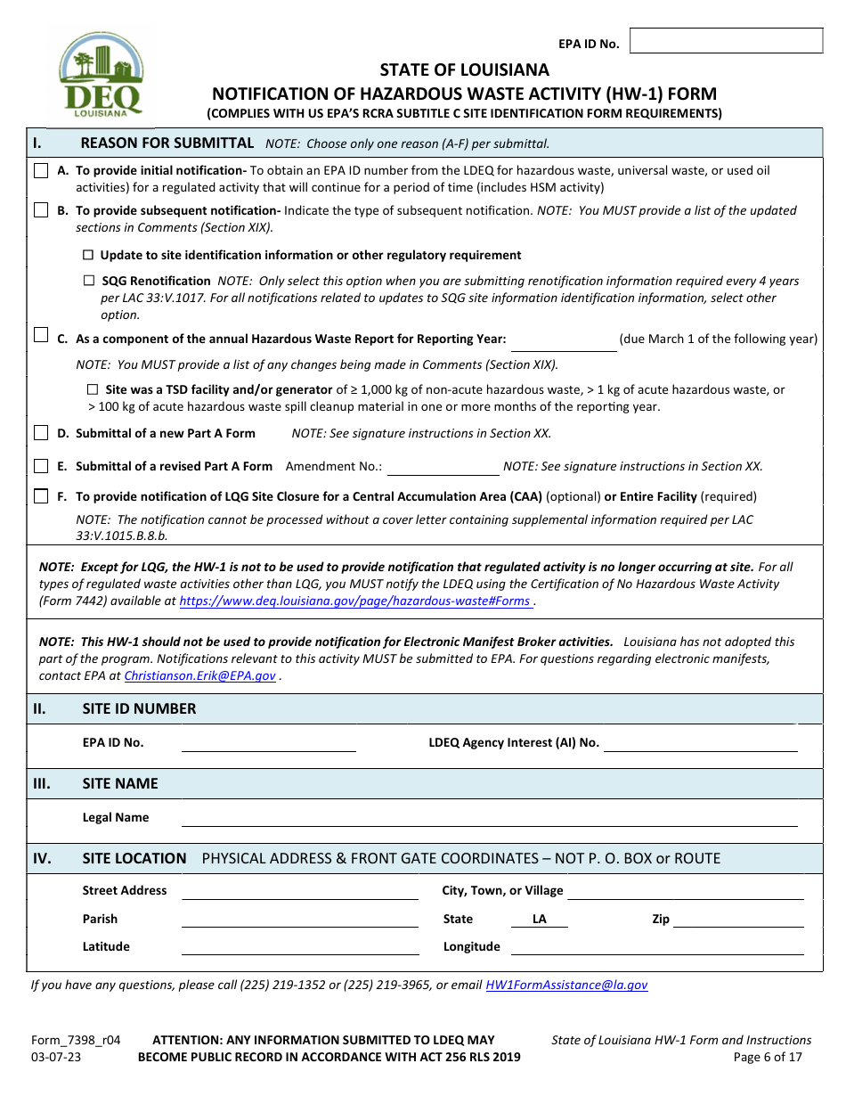 Form HW-1 (7398_R04) Notification of Hazardous Waste Activity Form - Louisiana, Page 6