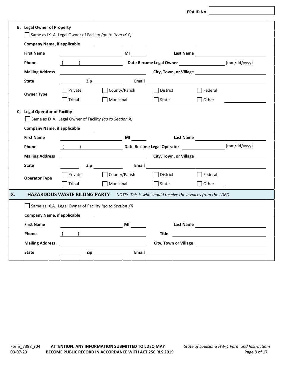 Form HW-1 (7398_R04) Notification of Hazardous Waste Activity Form - Louisiana, Page 8