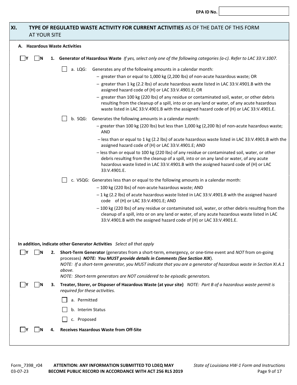 Form HW-1 (7398_R04) Notification of Hazardous Waste Activity Form - Louisiana, Page 9