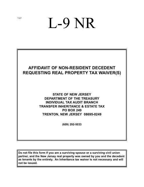 Form L-9 NR Affidavit of Non-resident Decedent Requesting Real Property Tax Waiver(S) - New Jersey
