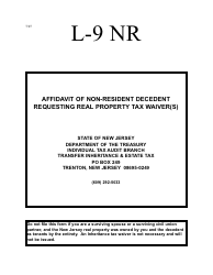 Form L-9 NR Affidavit of Non-resident Decedent Requesting Real Property Tax Waiver(S) - New Jersey