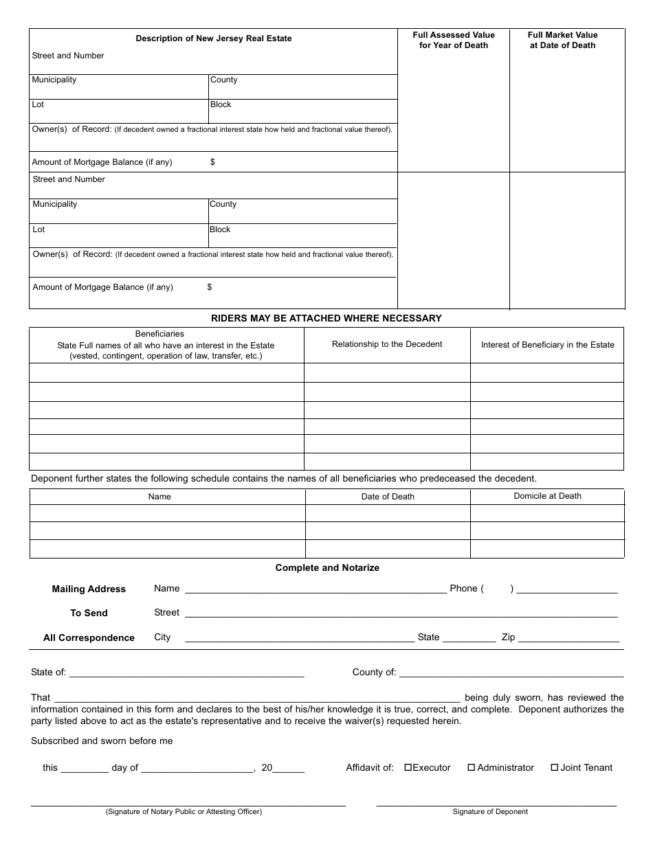 Form L-9 NR Affidavit of Non-resident Decedent Requesting Real Property Tax Waiver(S) - New Jersey, Page 4