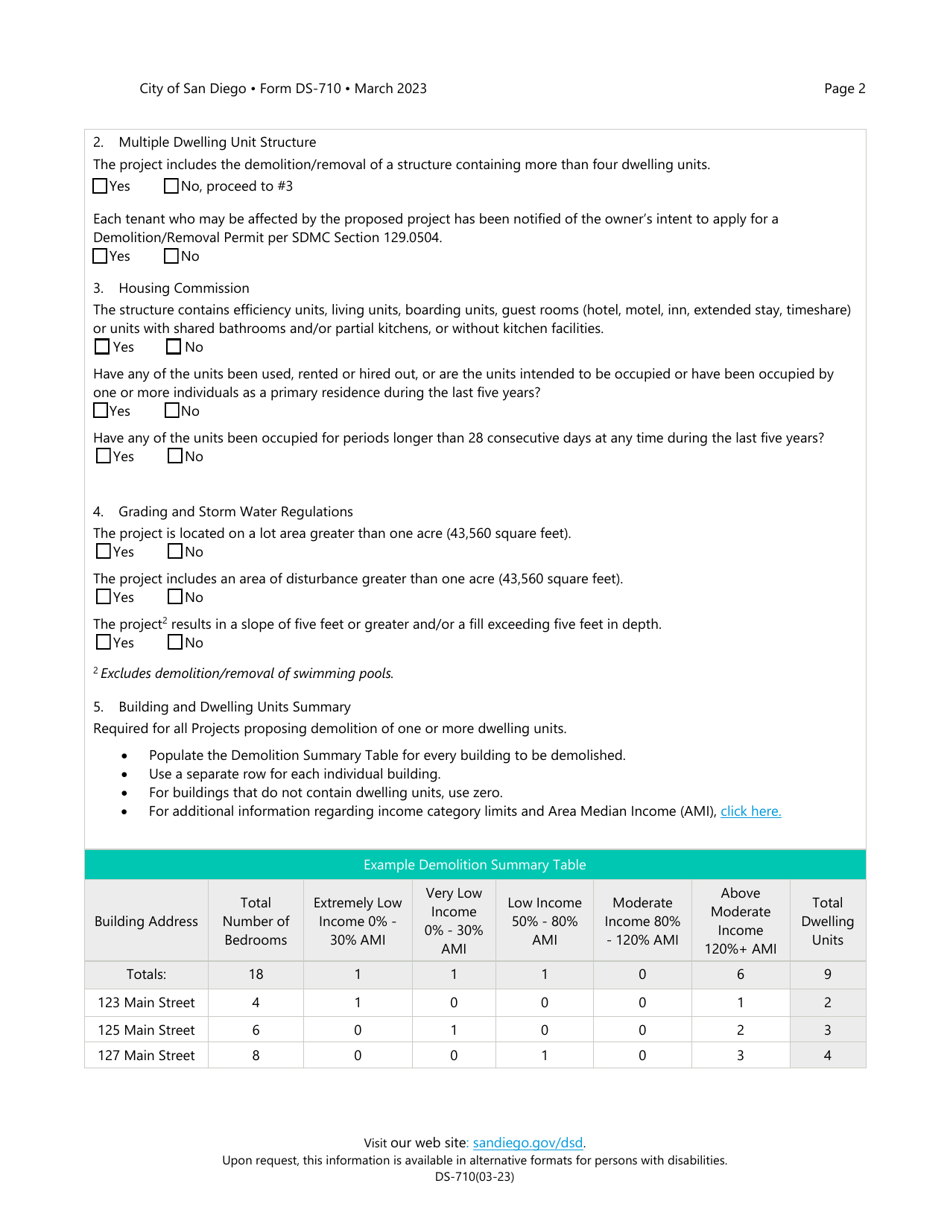 Form DS-710 Building Demolition / Removal Questionnaire - City of San Diego, California, Page 2