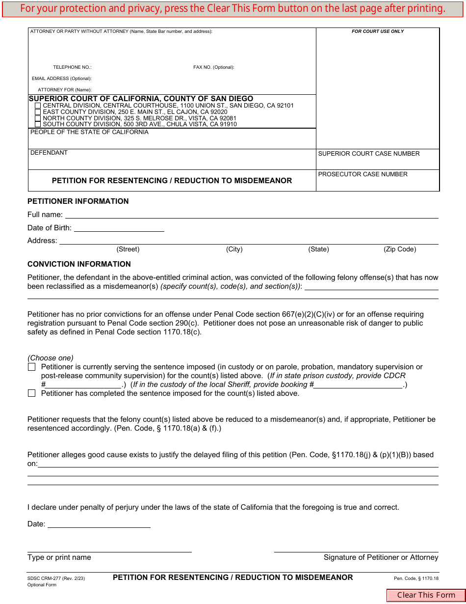 Form CRM-277 Petition for Resentencing / Reduction to Misdemeanor - County of San Diego, California, Page 1