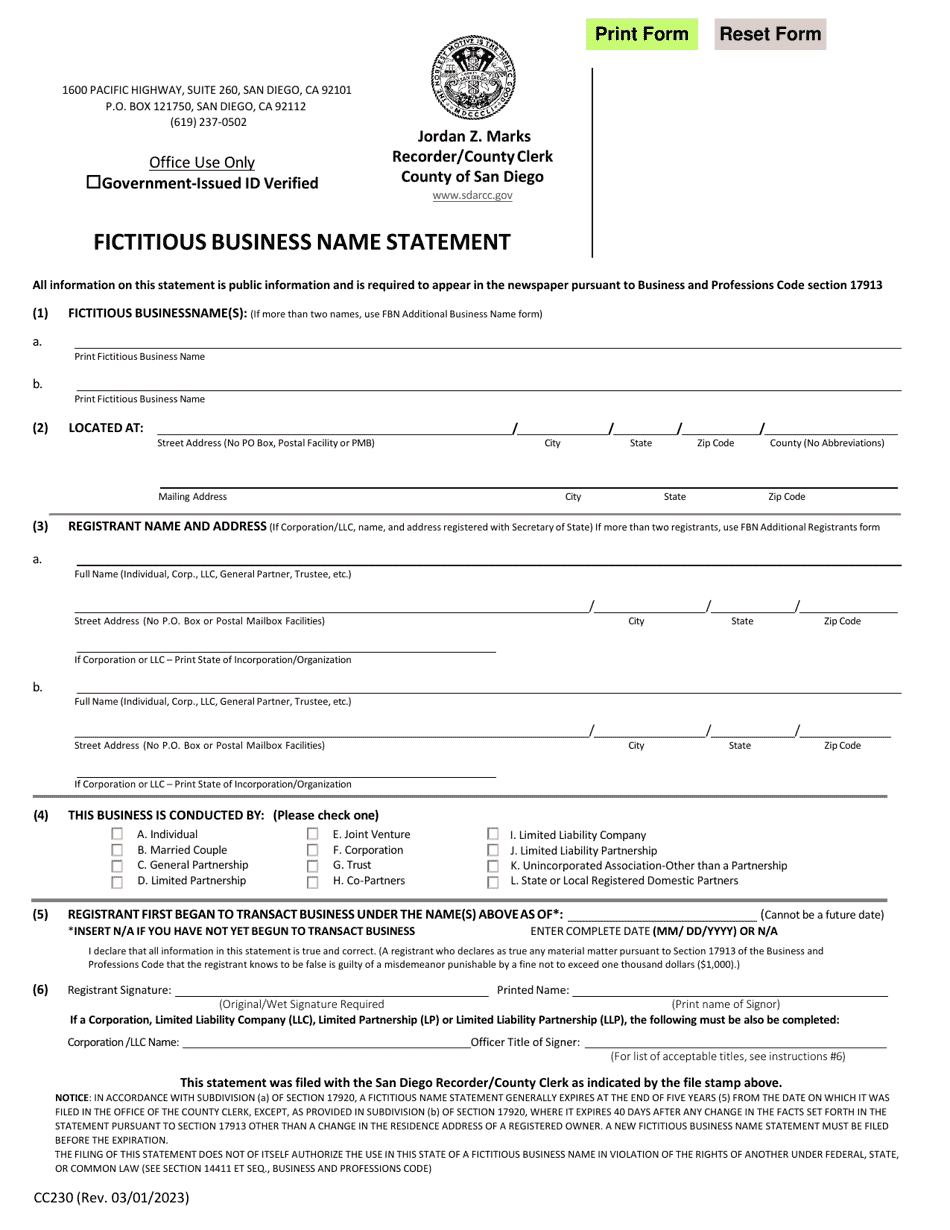 Form Cc230 Download Fillable Pdf Or Fill Online Fictitious Business Name Statement County Of 7348