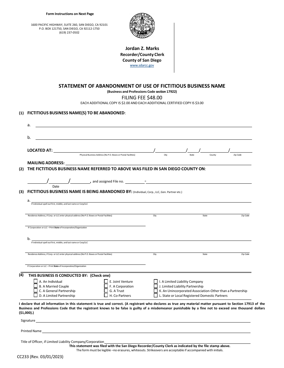 Form Cc233 Download Printable Pdf Or Fill Online Statement Of Abandonment Of Use Of Fictitious 4860