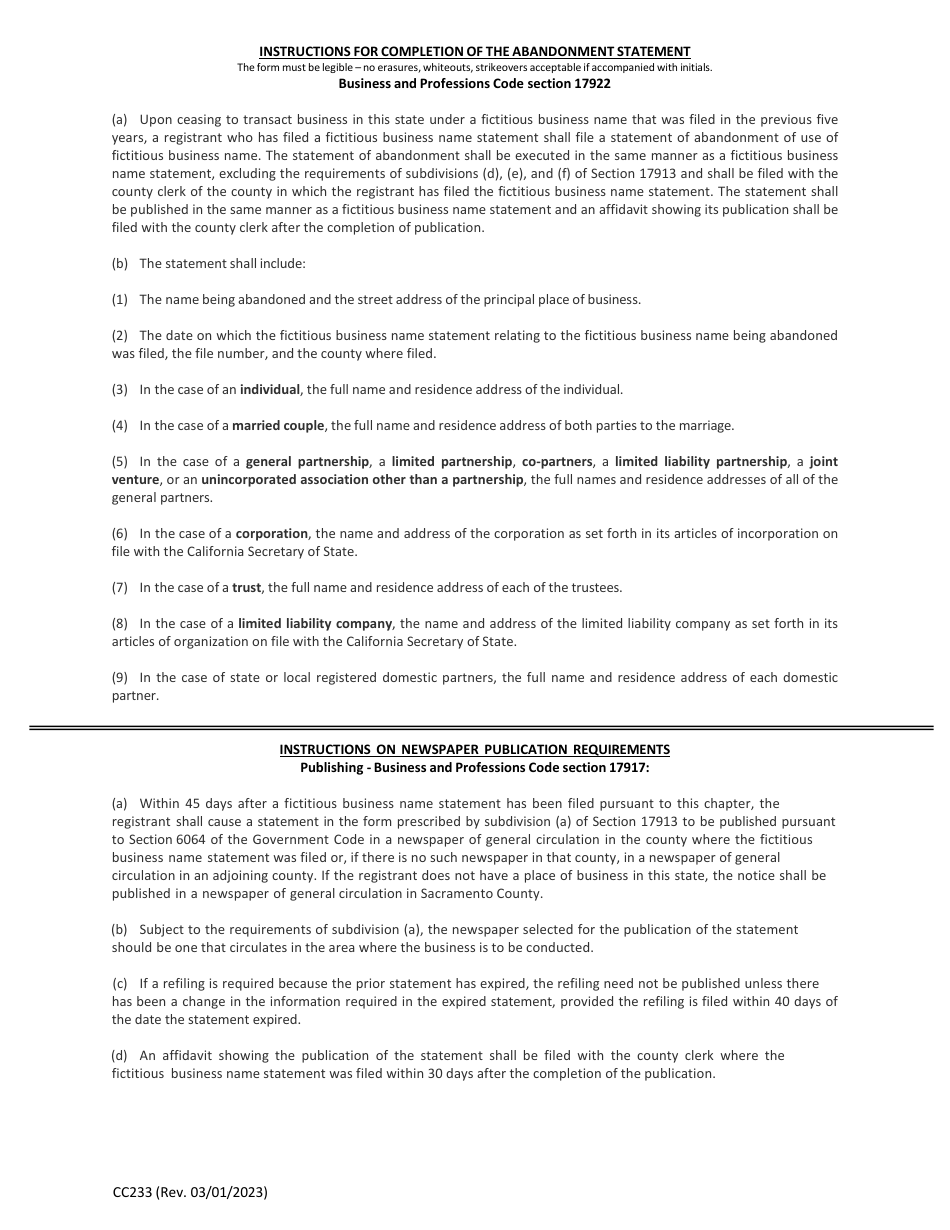 Form CC233 Statement of Abandonment of Use of Fictitious Business Name - County of San Diego, California, Page 2