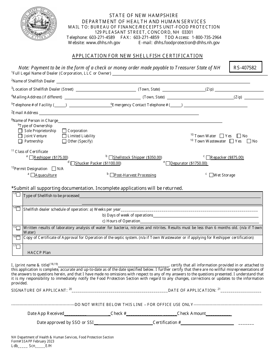 Form SSAPP Application for New Shellfish Certification - New Hampshire, Page 1