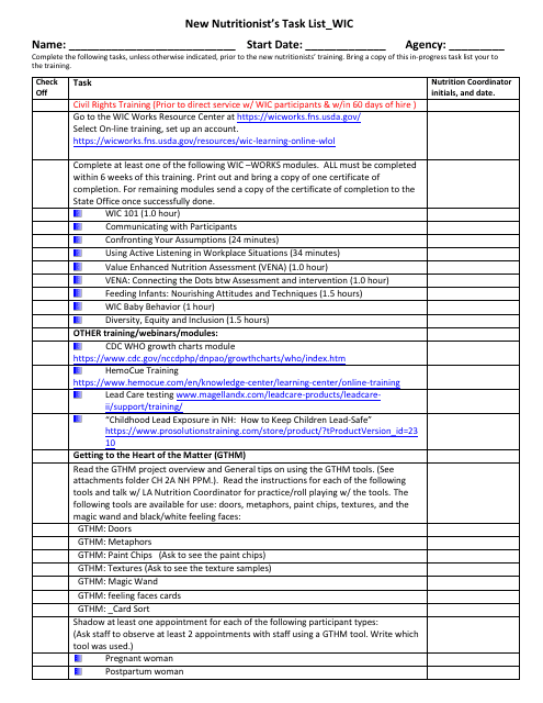 New Nutritionist's Task List - Wic - New Hampshire Download Pdf