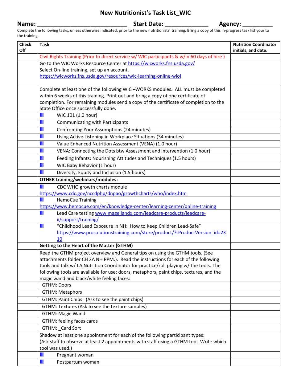 New Nutritionists Task List - Wic - New Hampshire, Page 1