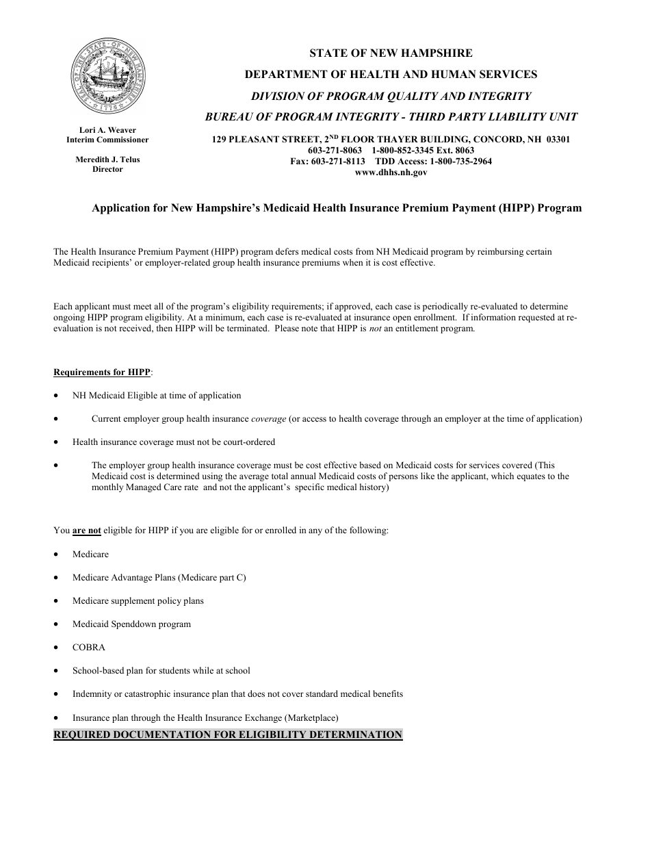 Health Insurance Premium Payment (HIPP) Program Application - New Hampshire, Page 1