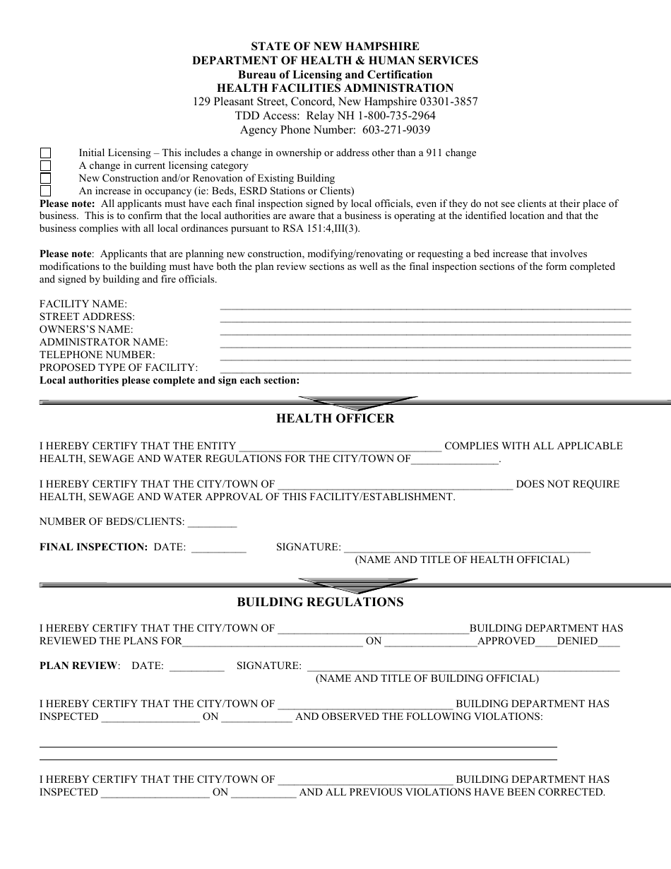 Local Approval Form - Health Facilities Administration - New Hampshire, Page 1