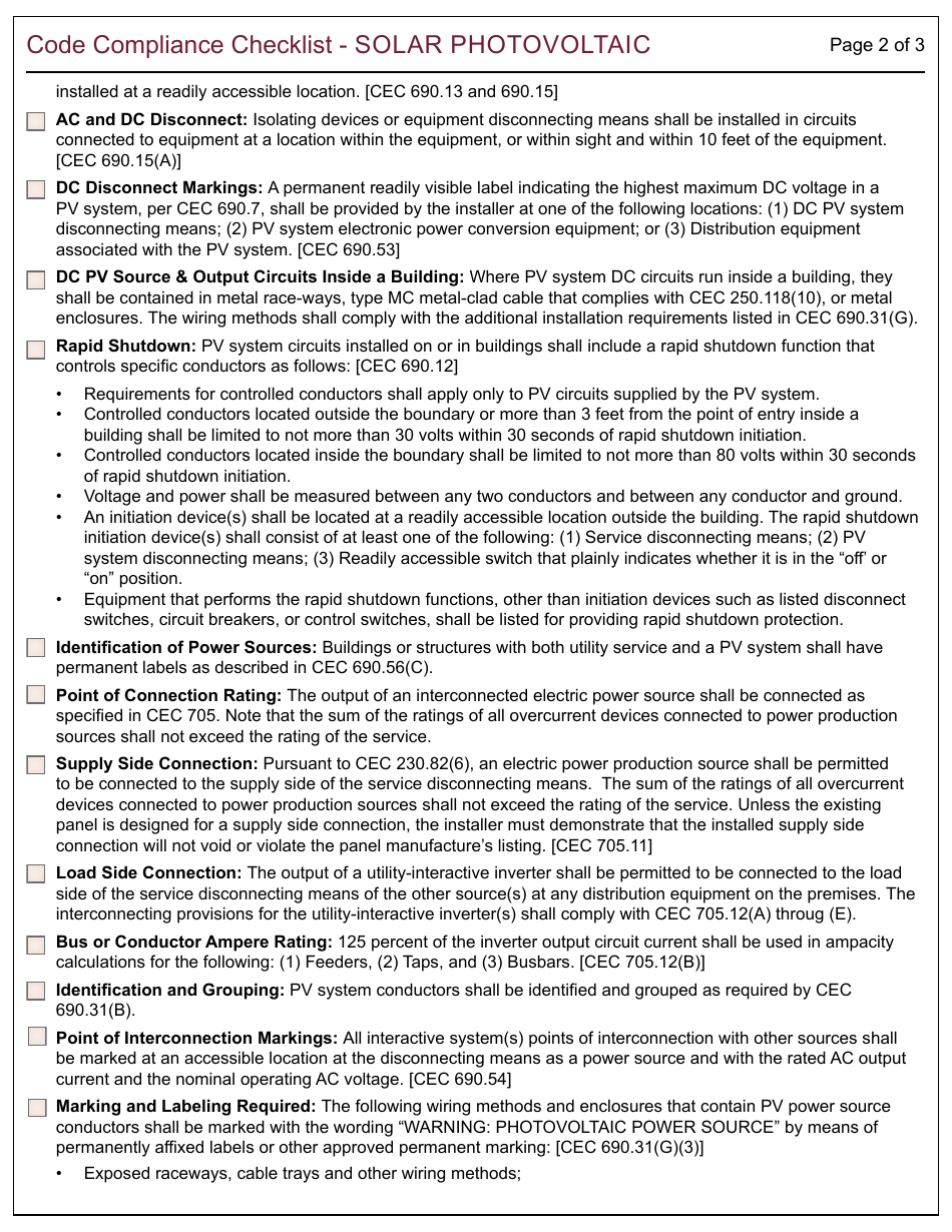 Form 166 Code Compliance Checklist - Solar Photovoltaic - CIty of Berkeley, California, Page 2