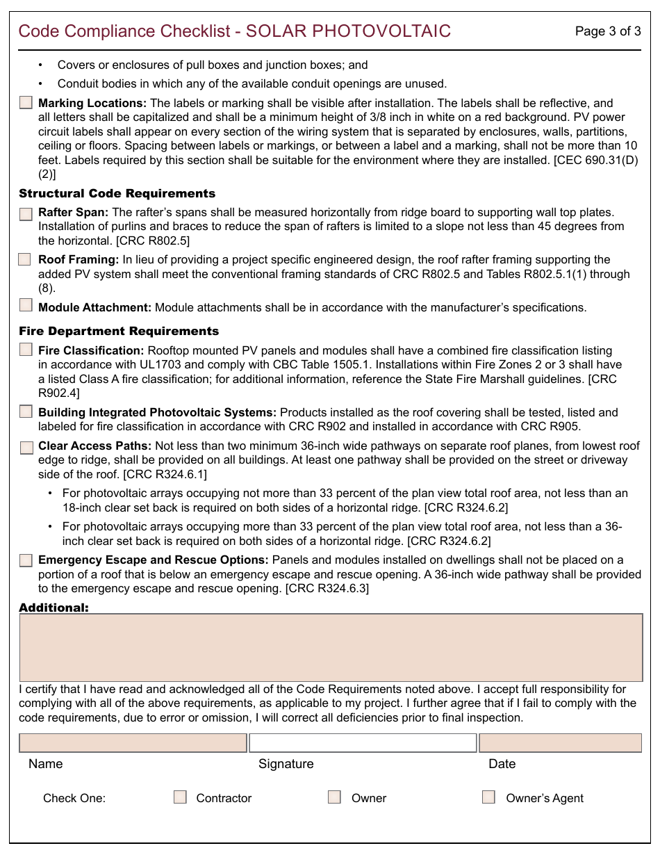 Form 166 Code Compliance Checklist - Solar Photovoltaic - CIty of Berkeley, California, Page 3