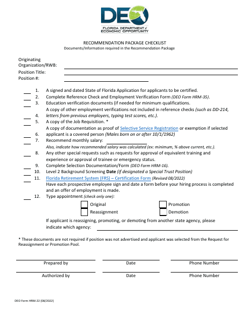 DEO Form HRM-22 Recommendation Package Checklist - Florida