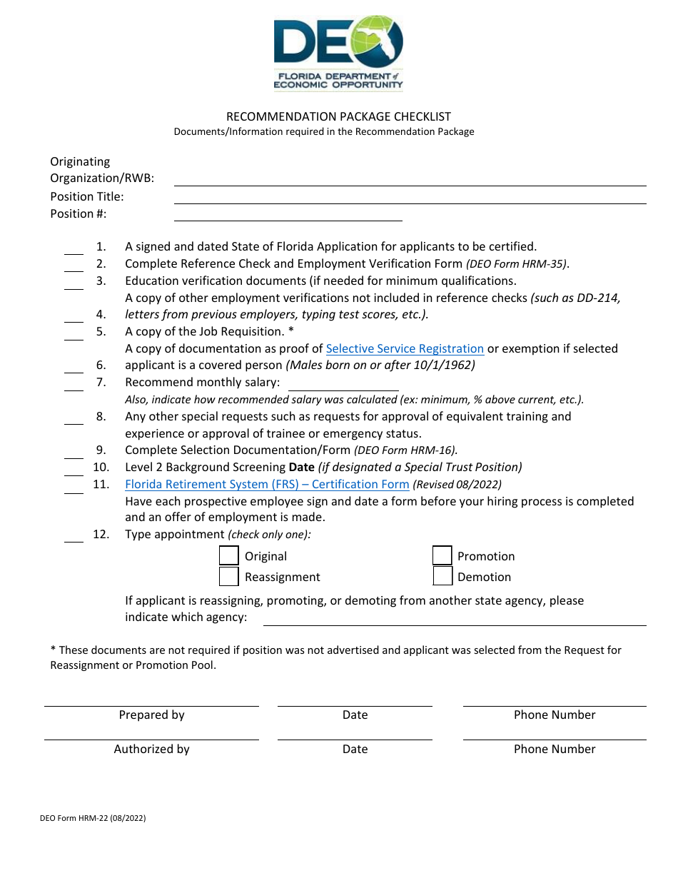 DEO Form HRM-22 Recommendation Package Checklist - Florida, Page 1