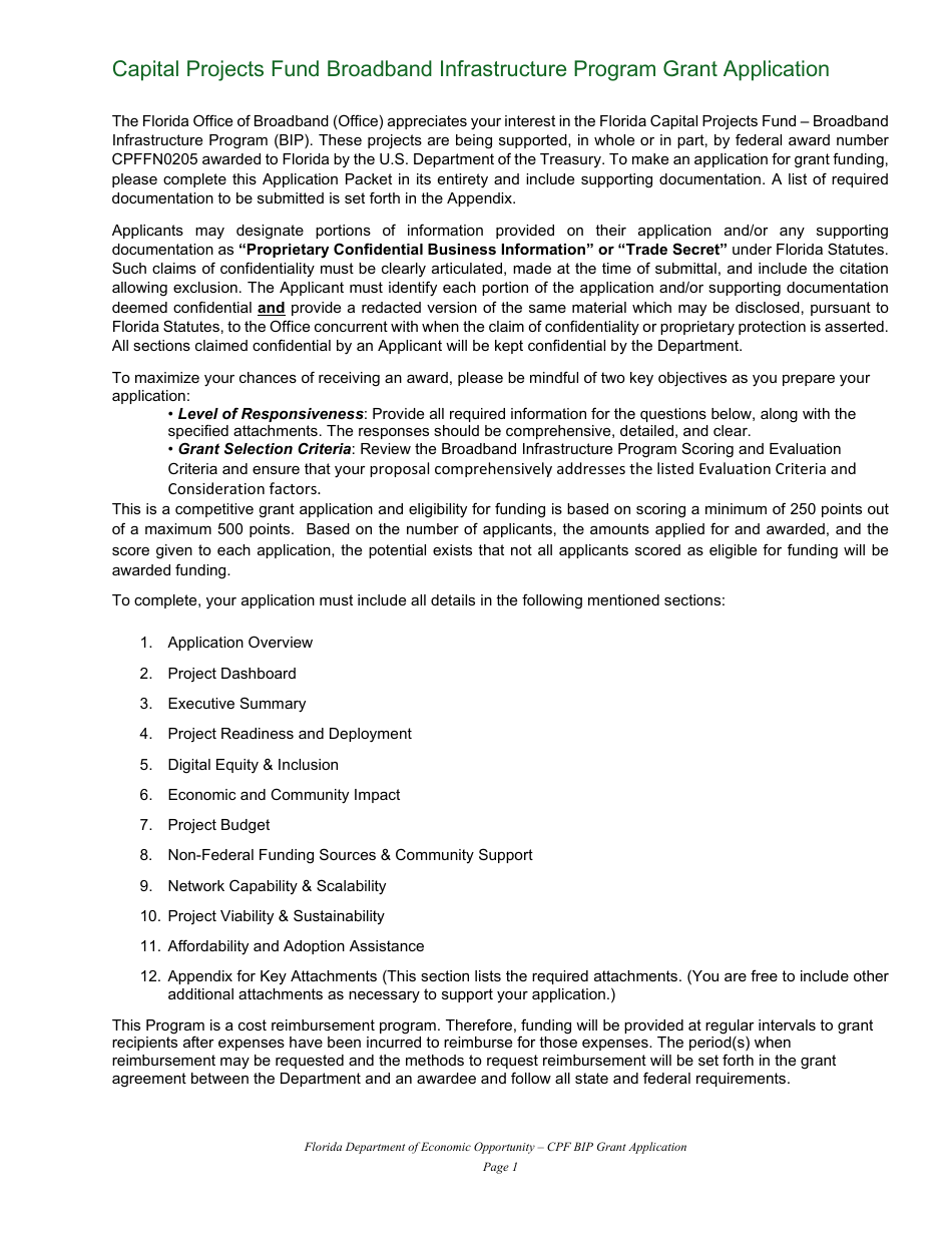 Capital Projects Fund Broadband Infrastructure Program Grant Application - Florida, Page 1