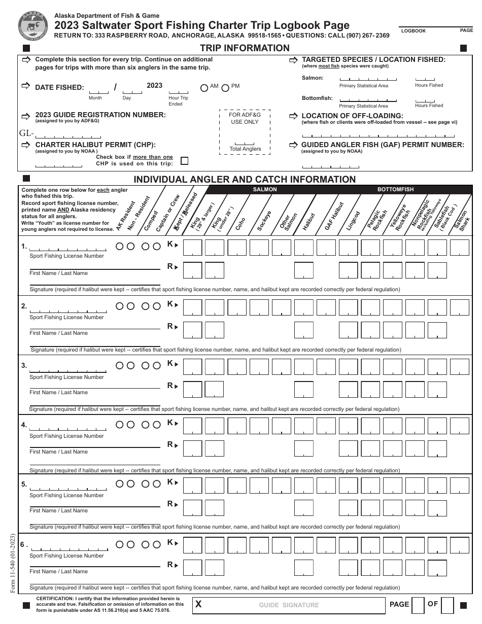 Form 11-540 Saltwater Sport Fishing Charter Trip Logbook Page - Alaska, Page 2