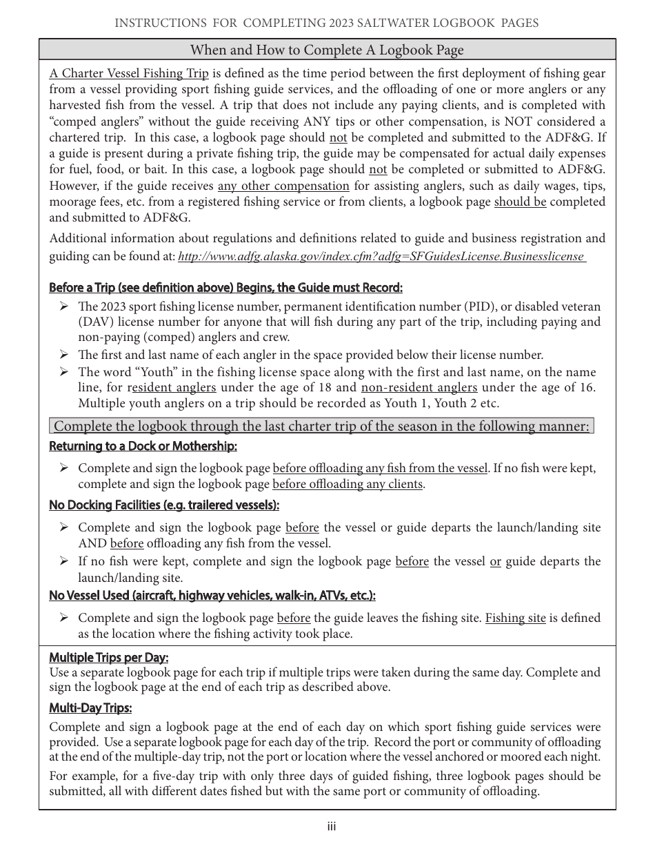 Instructions for Saltwater Sport Fishing Charter Trip Logbook Page - Alaska, Page 3