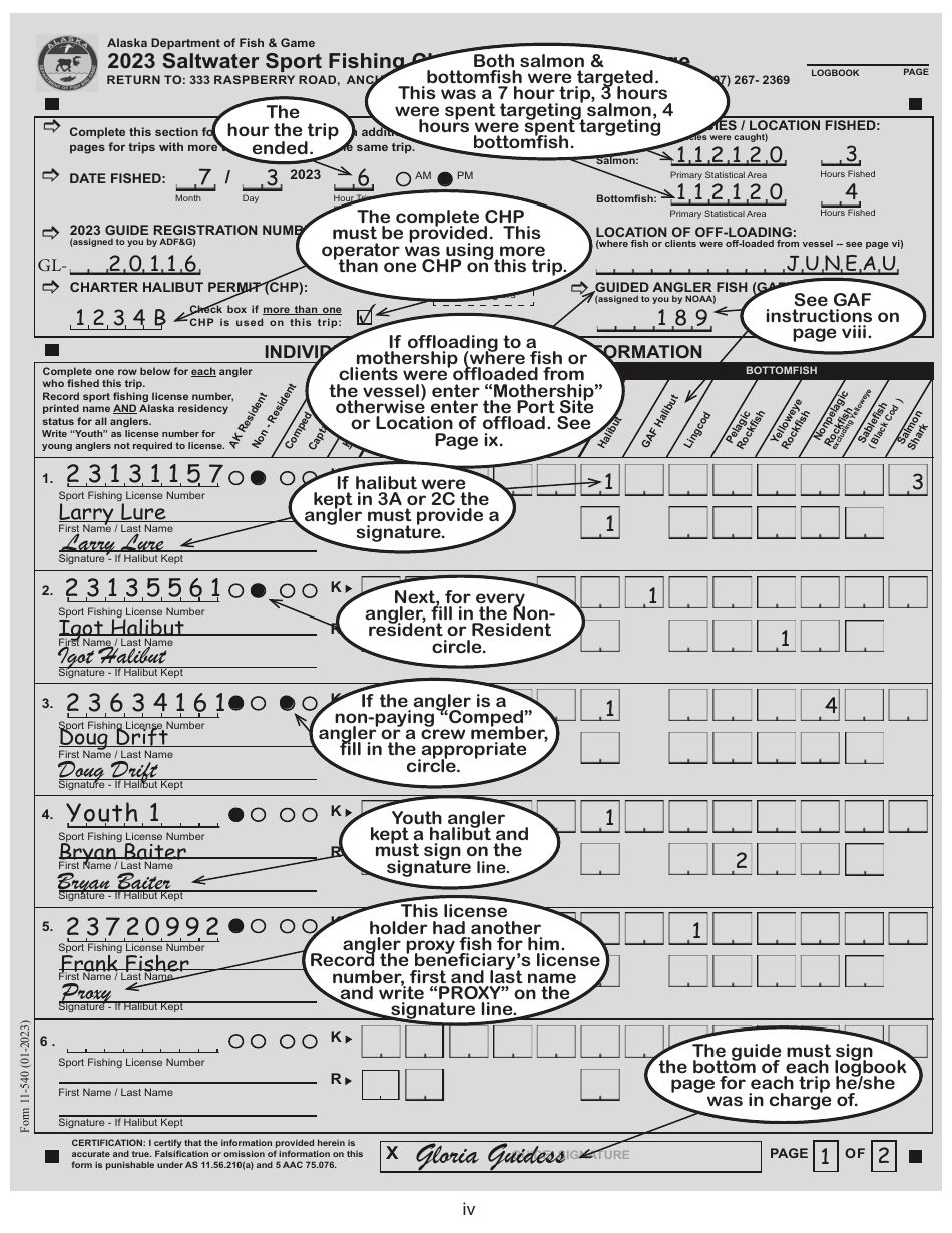 Instructions for Saltwater Sport Fishing Charter Trip Logbook Page - Alaska, Page 4