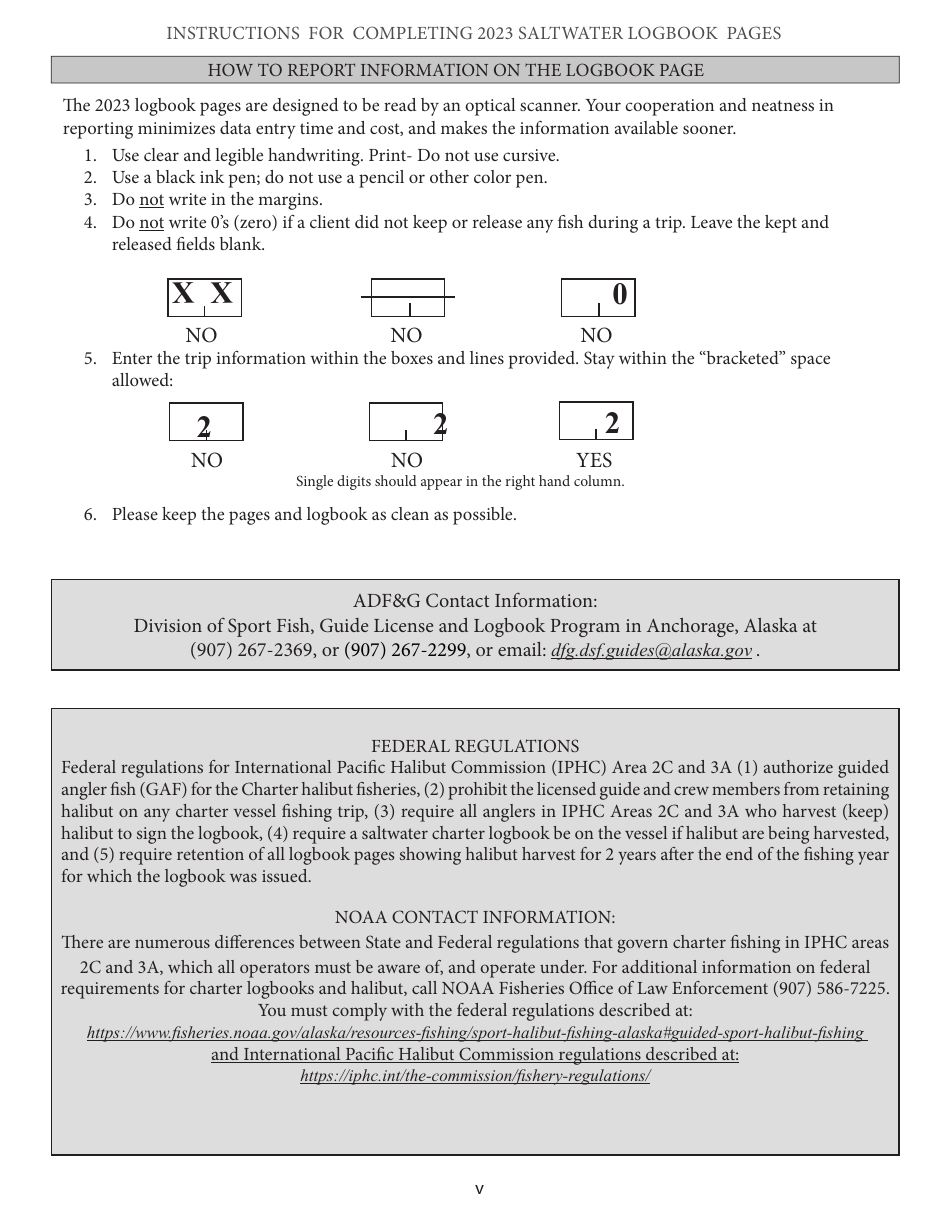 Instructions for Saltwater Sport Fishing Charter Trip Logbook Page - Alaska, Page 5