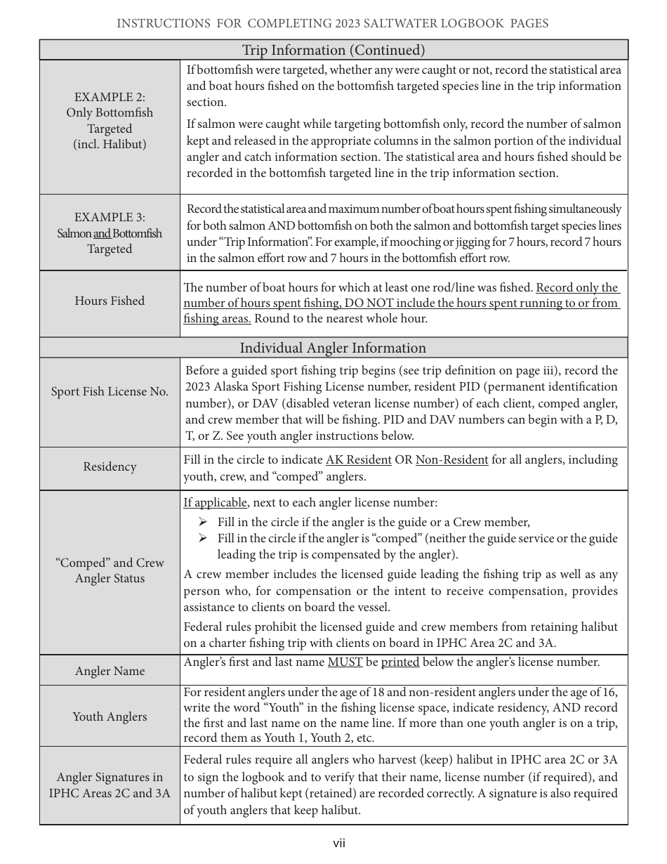 Instructions for Saltwater Sport Fishing Charter Trip Logbook Page - Alaska, Page 7