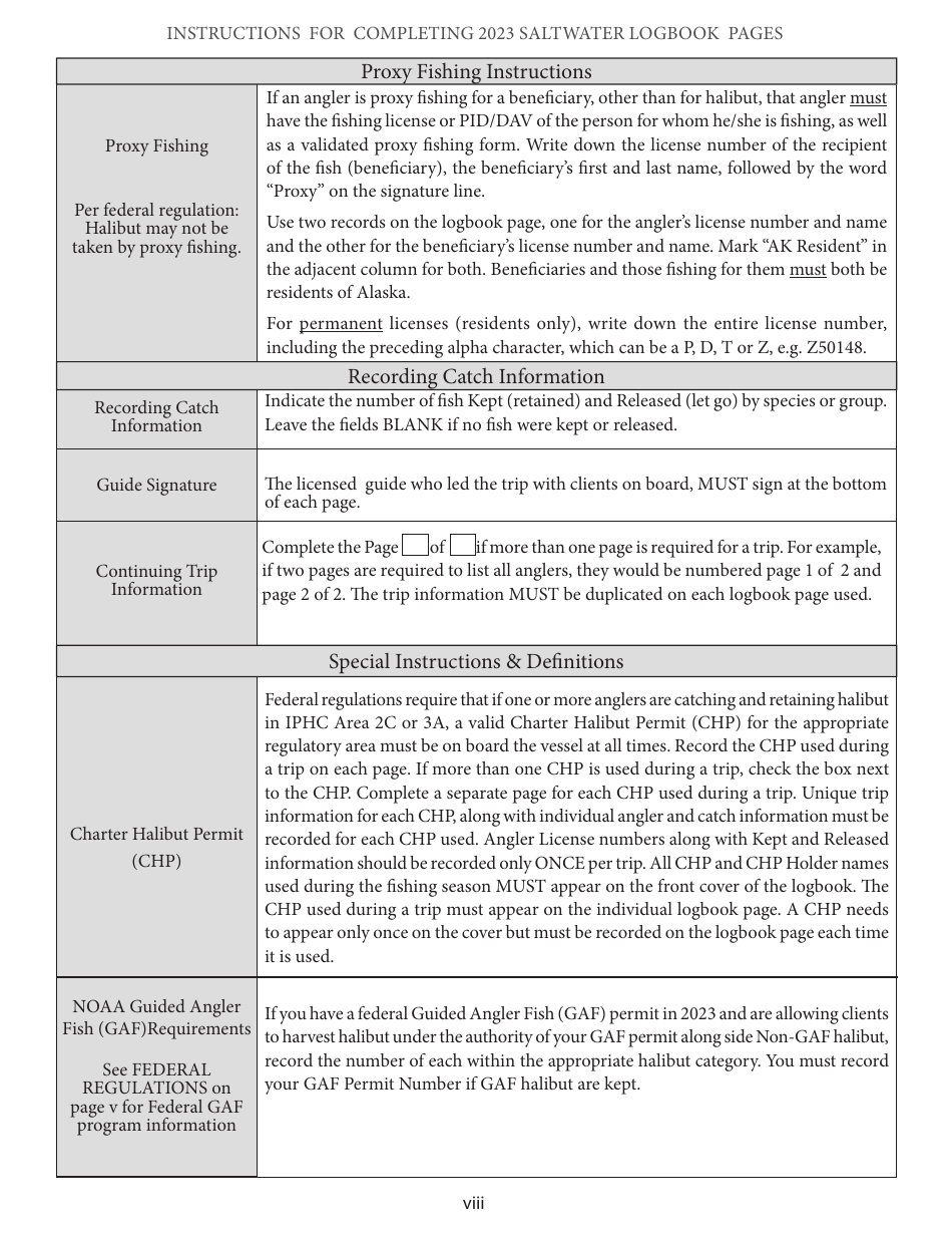 Instructions for Saltwater Sport Fishing Charter Trip Logbook Page - Alaska, Page 8
