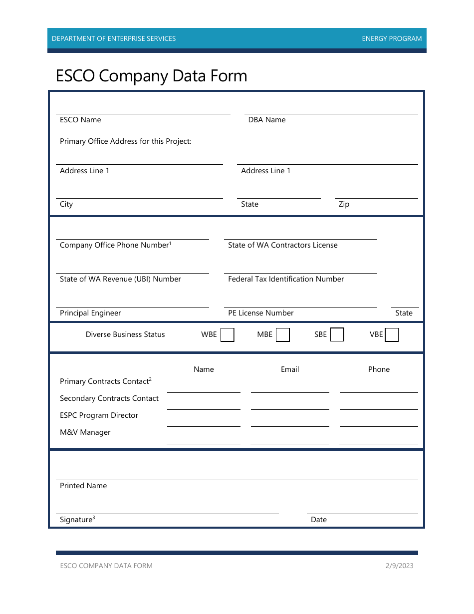 Esco Company Data Form - Energy Program - Washington, Page 1