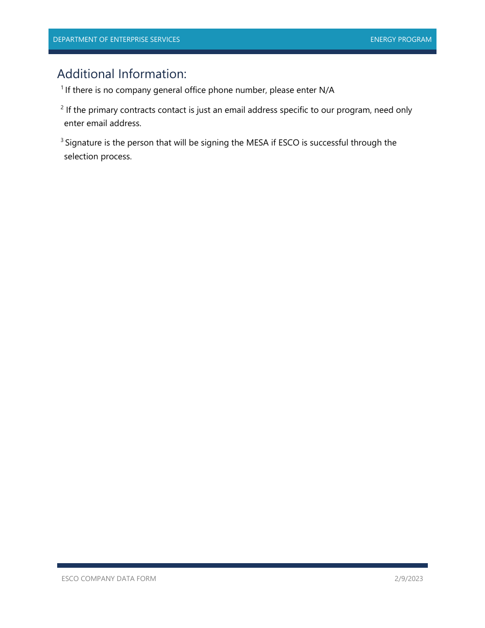 Esco Company Data Form - Energy Program - Washington, Page 2