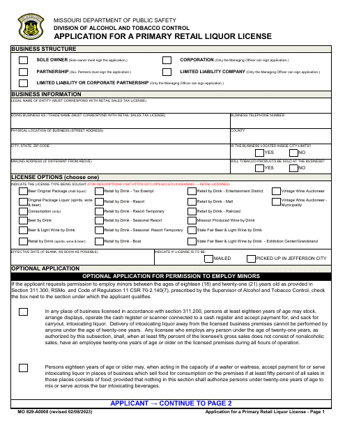 Form MO829-A0008 Application for a Primary Retail Liquor License - Missouri