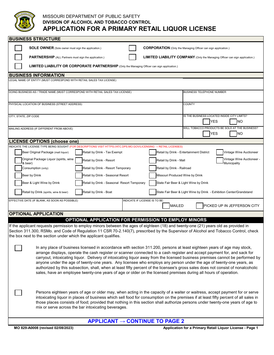 Form MO829-A0008 Download Fillable PDF or Fill Online Application for a ...