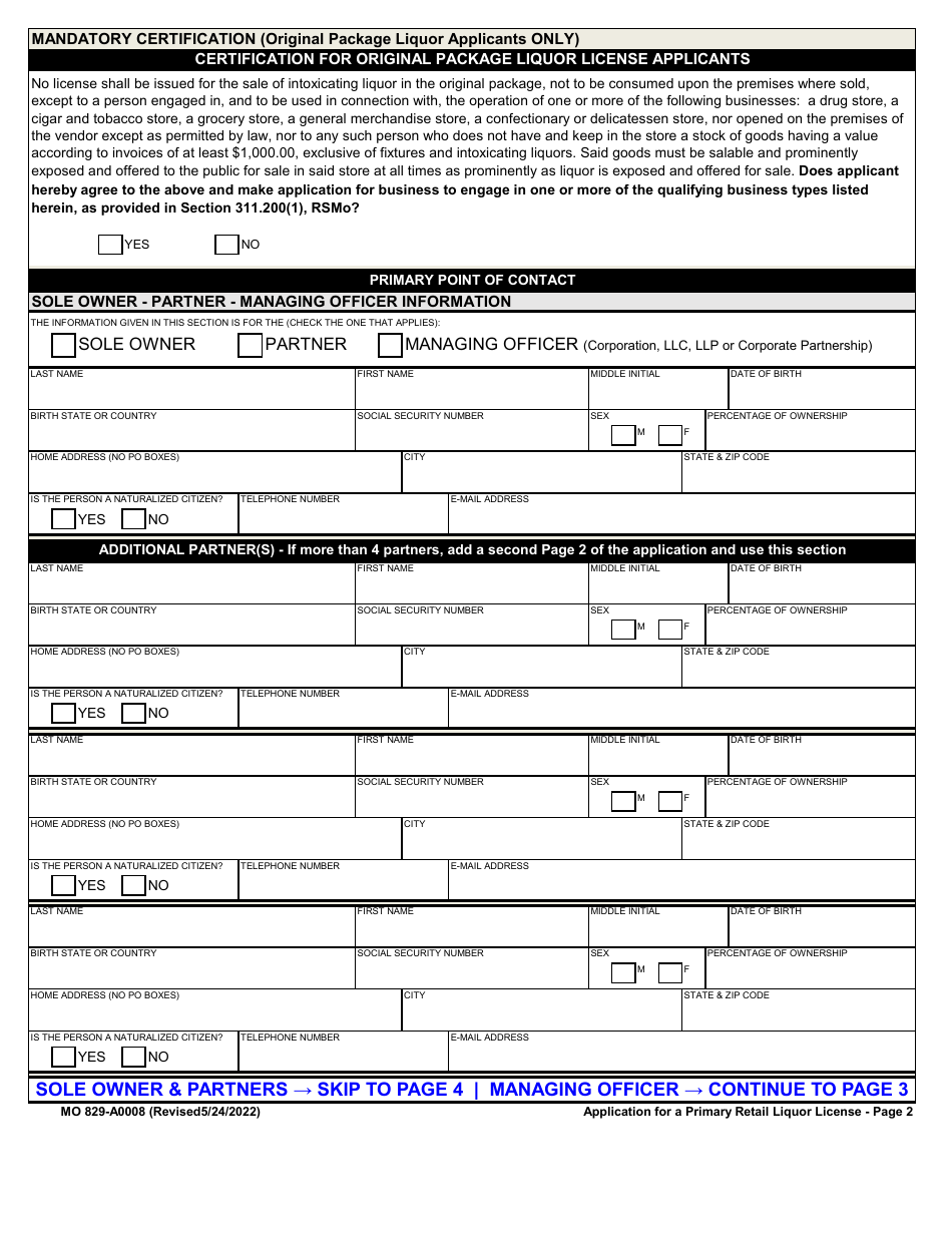 Form MO829-A0008 Application for a Primary Retail Liquor License - Missouri, Page 2