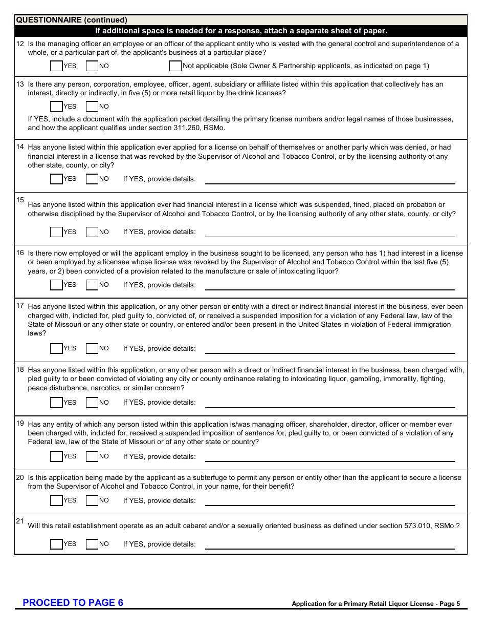 Form MO829-A0008 Application for a Primary Retail Liquor License - Missouri, Page 5