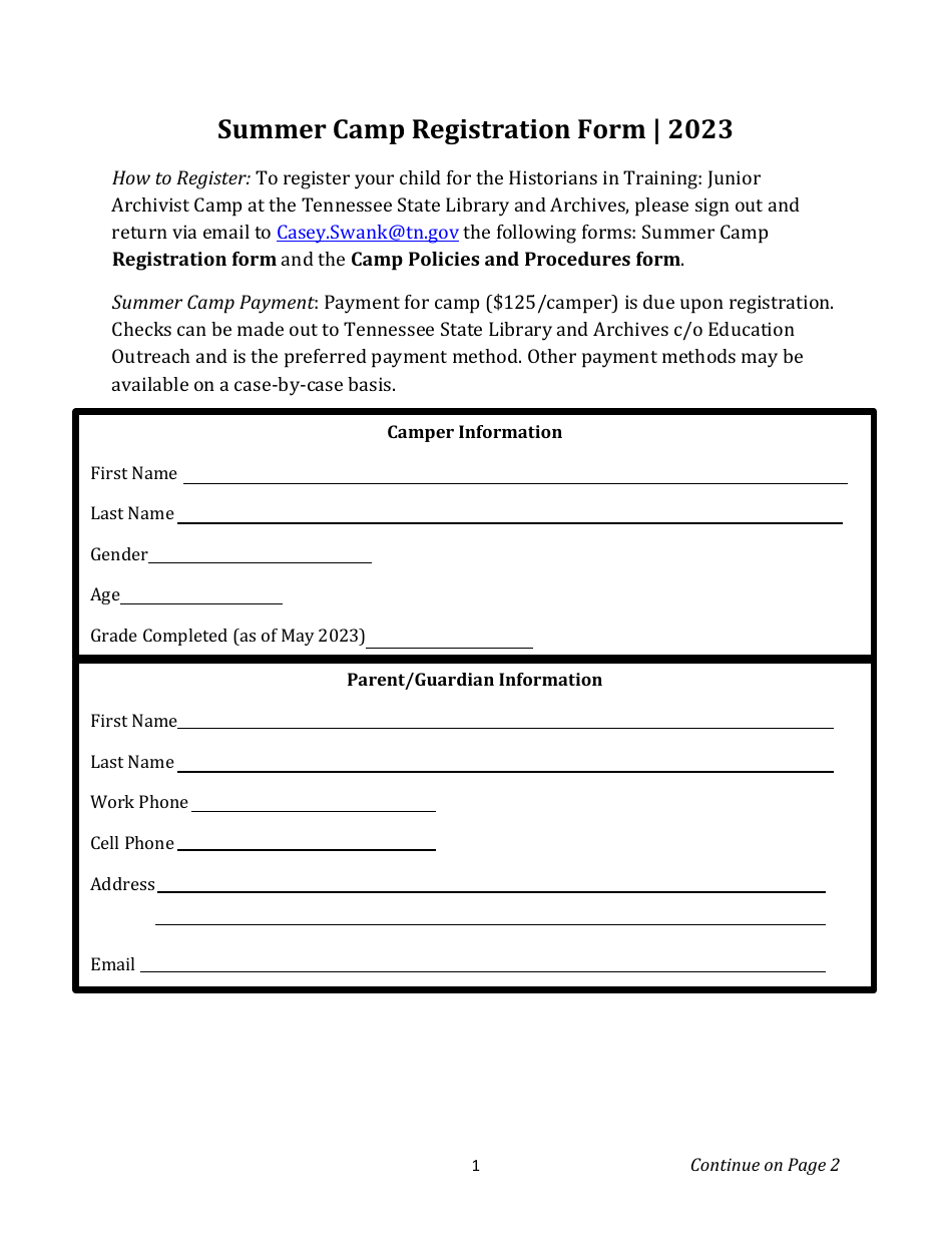 Summer Camp Registration Form - Tennessee, Page 1
