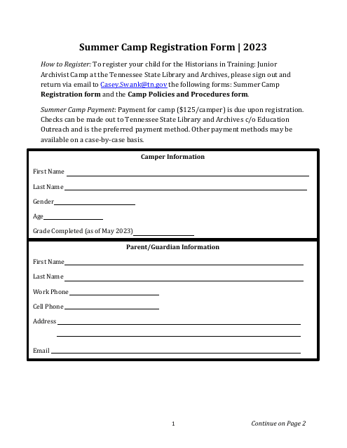 Summer Camp Registration Form - Tennessee, 2023
