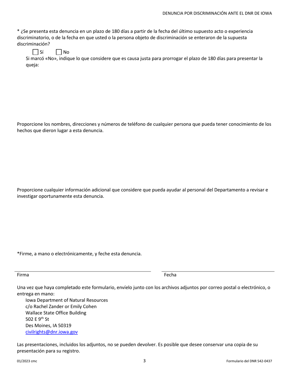 DNR Formulario 542-0437 Denuncia Por Discriminacion (No Empleado) - Iowa (Spanish), Page 3
