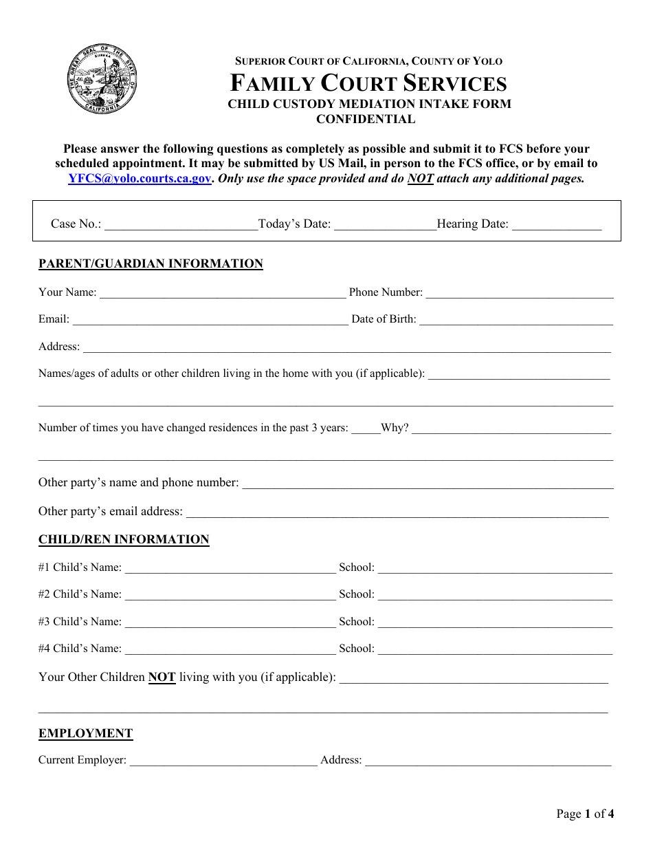Child Custody Mediation Intake Form - County of Yolo, California, Page 1