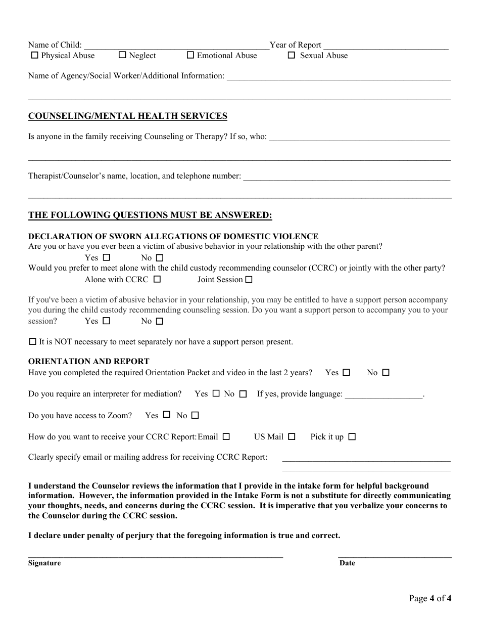 County Of Yolo, California Child Custody Mediation Intake Form - Fill 