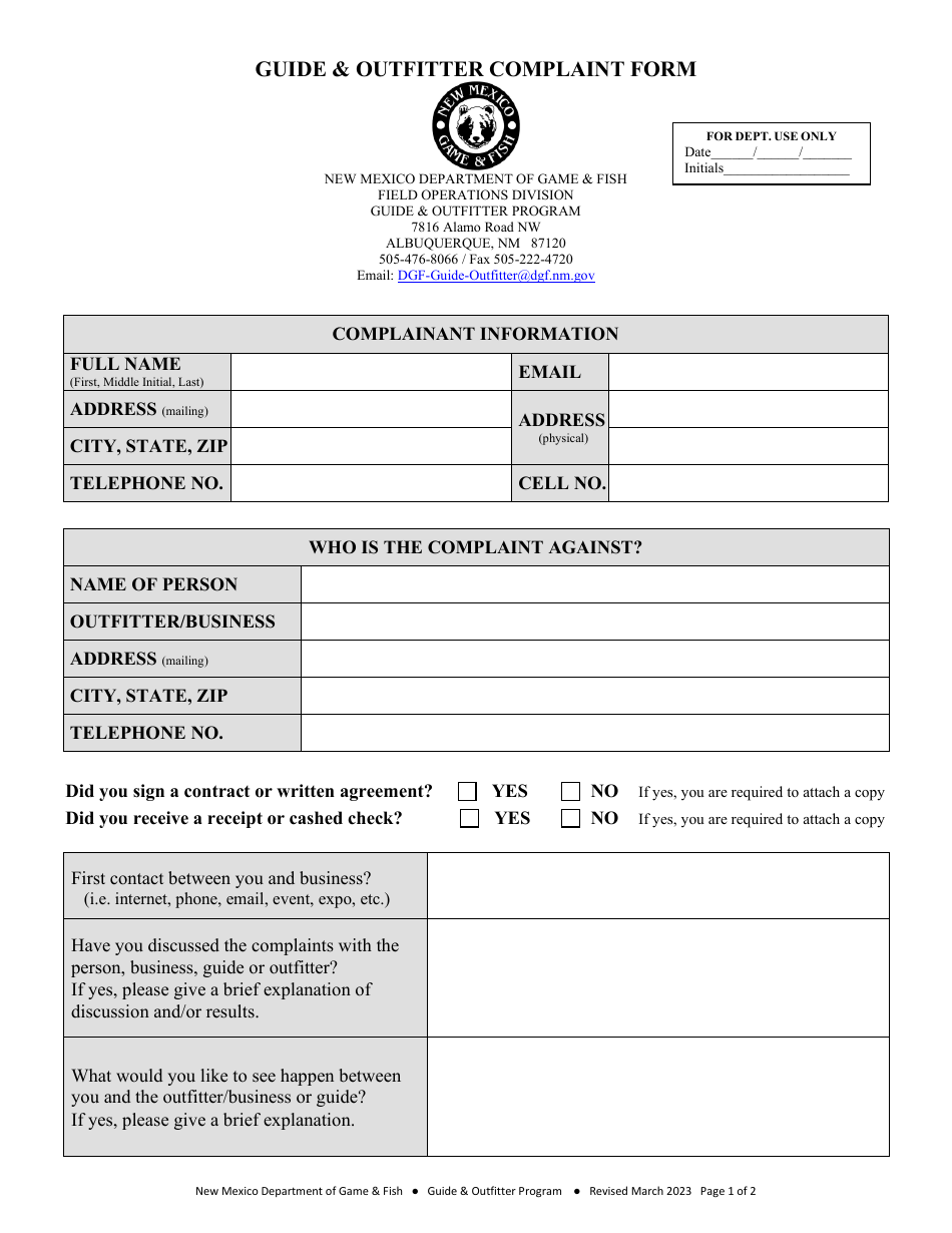 Guide  Outfitter Complaint Form - New Mexico, Page 1