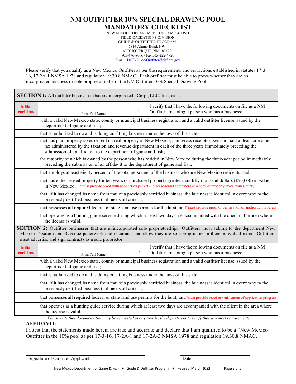 Outfitter Application or Renewal Form - New Mexico, Page 3