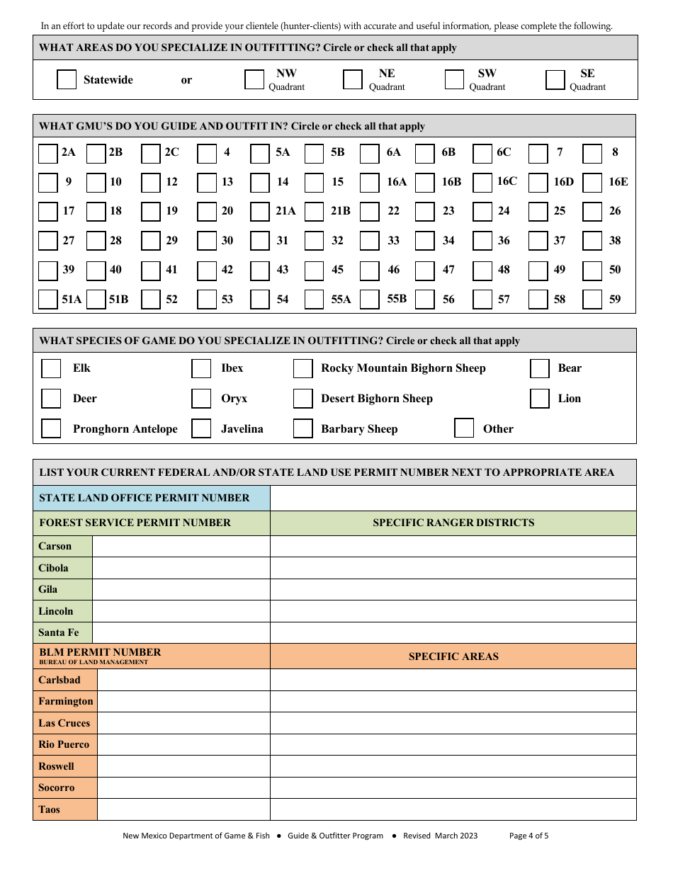 Outfitter Application or Renewal Form - New Mexico, Page 4