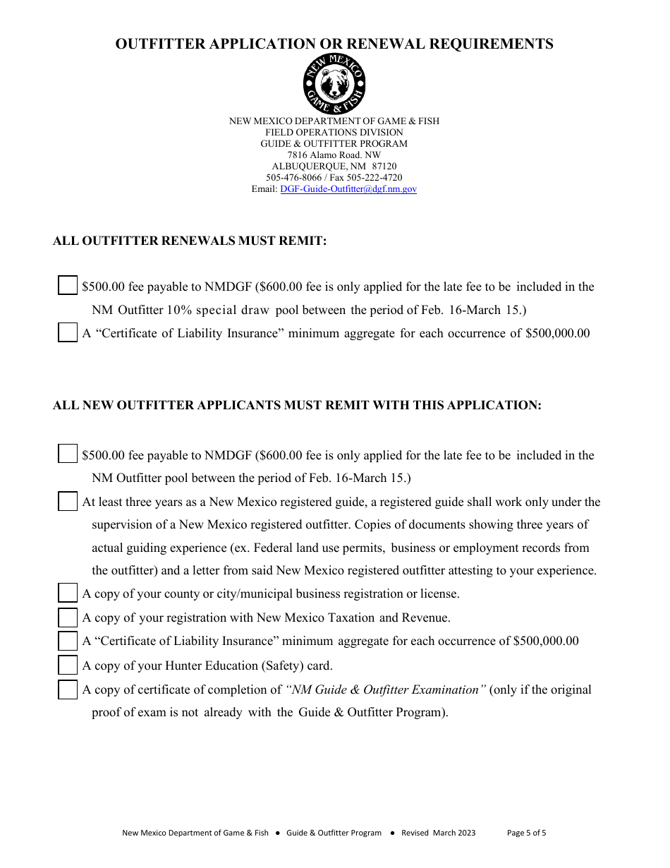 Outfitter Application or Renewal Form - New Mexico, Page 5