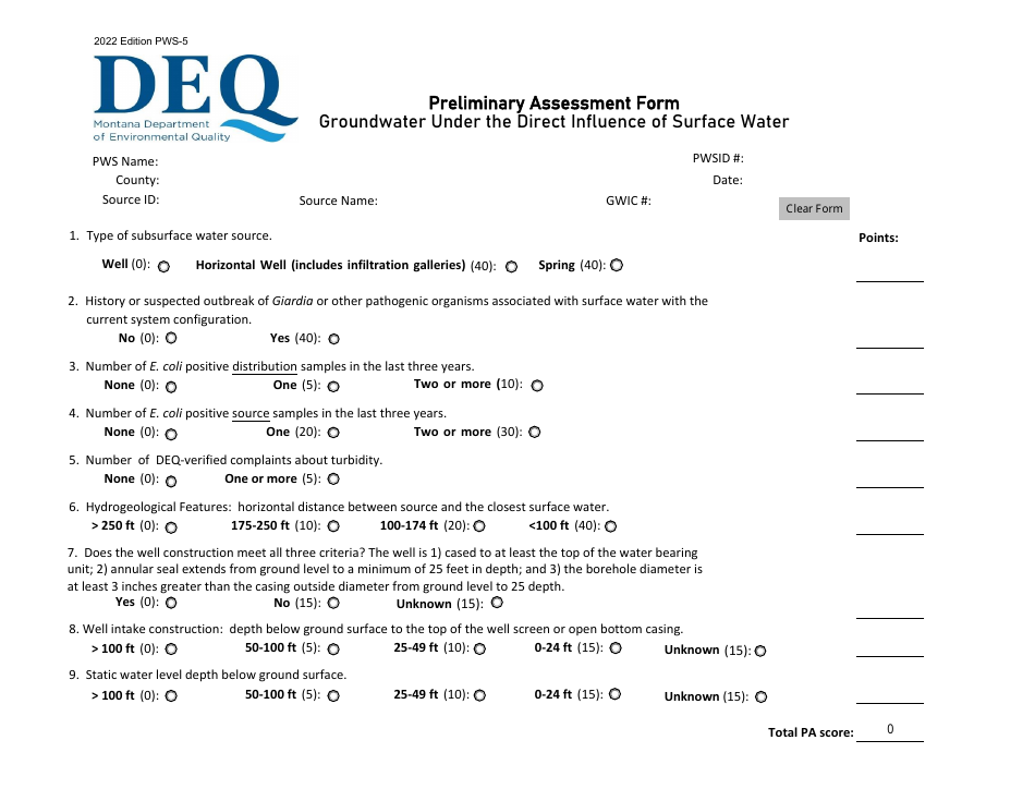 Form PWS-5 Preliminary Assessment Form - Montana, Page 1