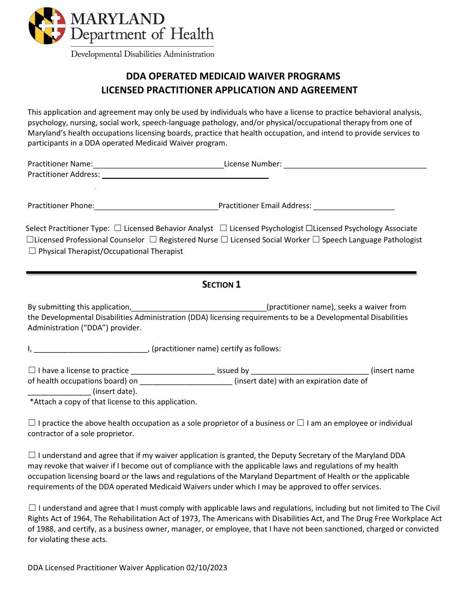 Dda Operated Medicaid Waiver Programs Licensed Practitioner Application and Agreement - Maryland, Page 1