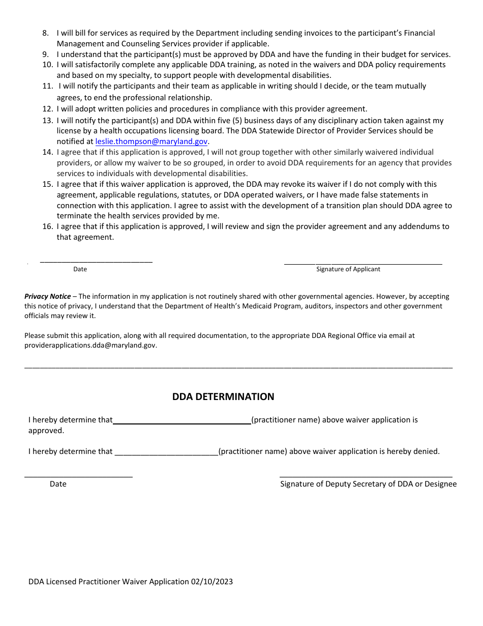 Dda Operated Medicaid Waiver Programs Licensed Practitioner Application and Agreement - Maryland, Page 3