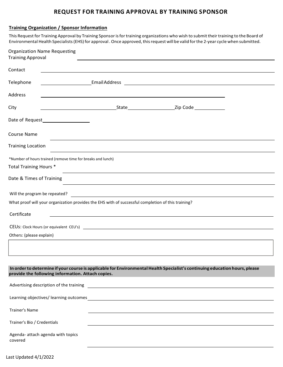 Request for Training Approval by Training Sponsor - Maryland, Page 1