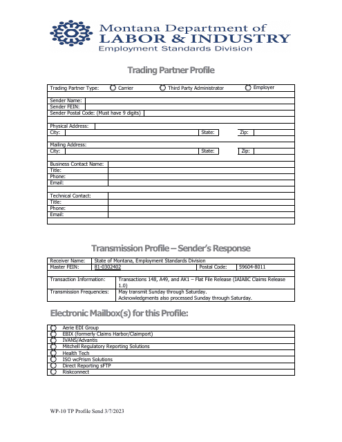 Form WP-10 Trading Partner Profile - Montana