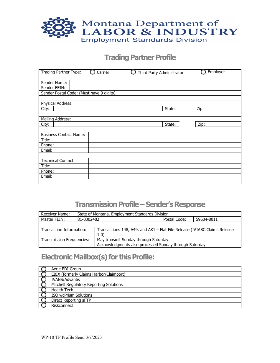 Form WP-10 Trading Partner Profile - Montana, Page 1