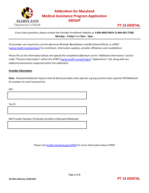Addendum for Maryland Medical Assistance Program Application - Group - Pt 14 Dental - Maryland