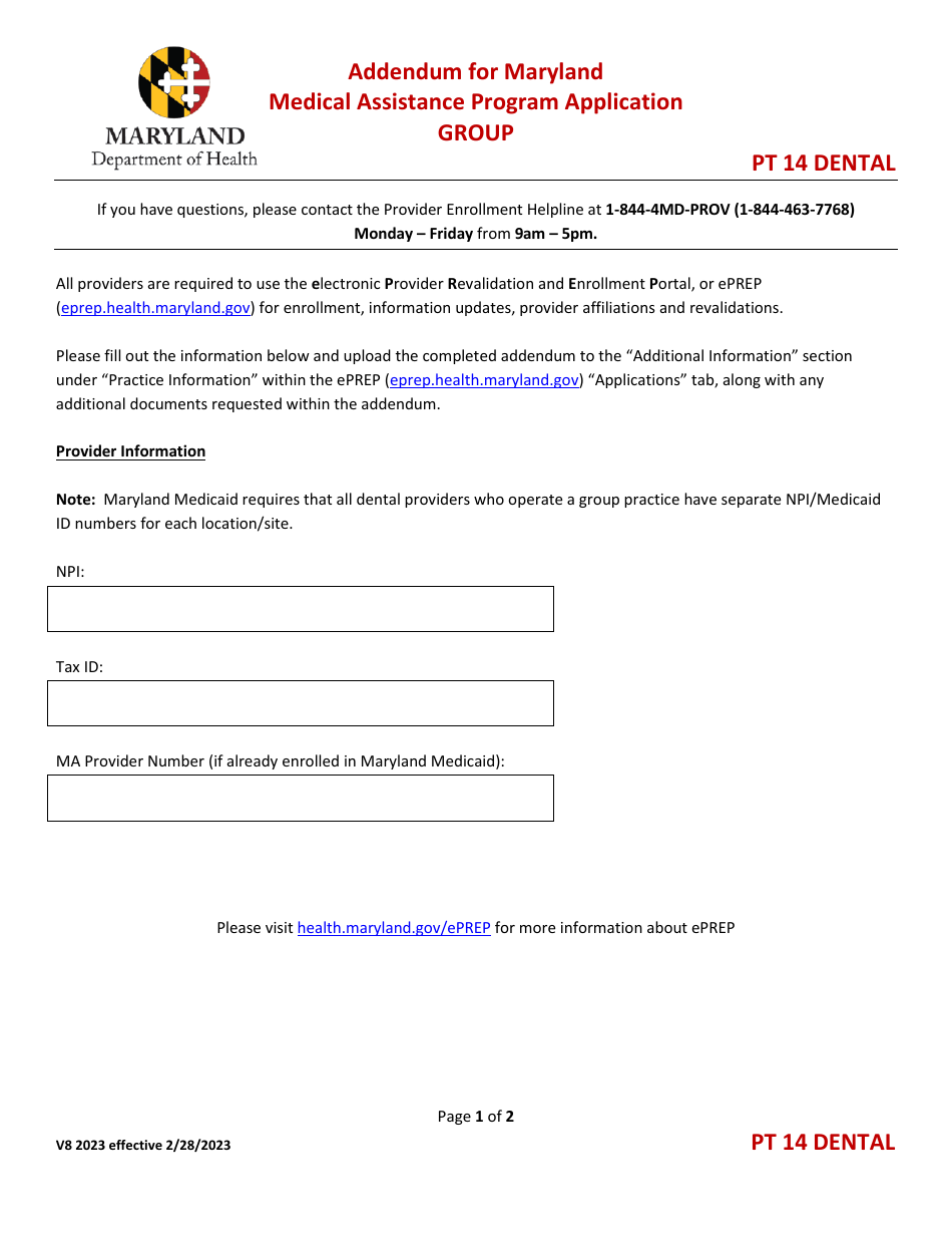 Addendum for Maryland Medical Assistance Program Application - Group - Pt 14 Dental - Maryland, Page 1